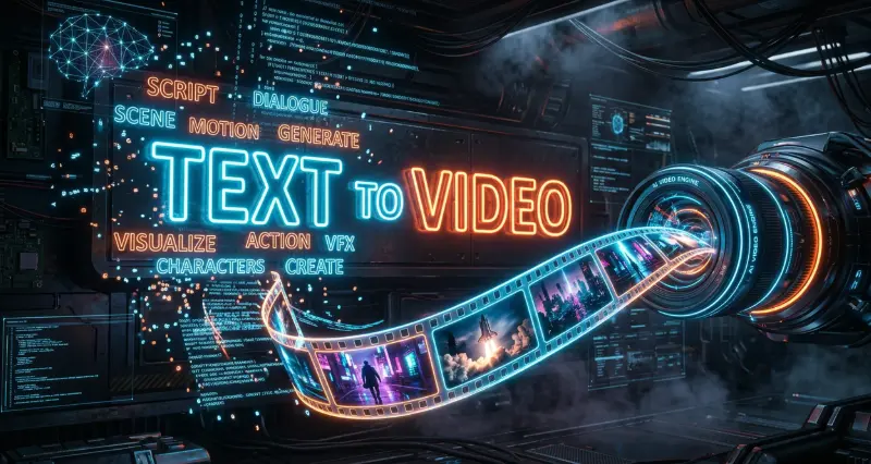 Bobine de film futuriste et scripts numeriques lumineux representant un generateur AI texte vers video transformant des mots en mouvement cinematographique
