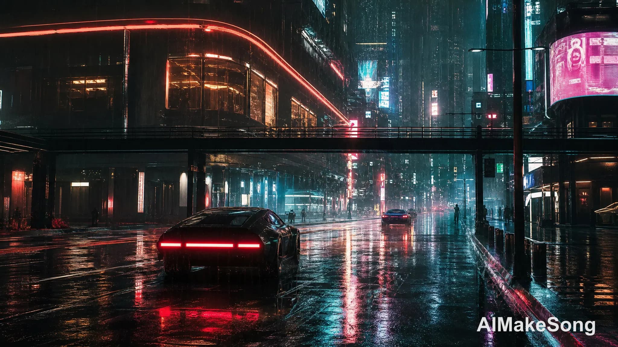 A futuristic cyberpunk city in the rain, neon lights reflecting on puddles, cinematic pan.