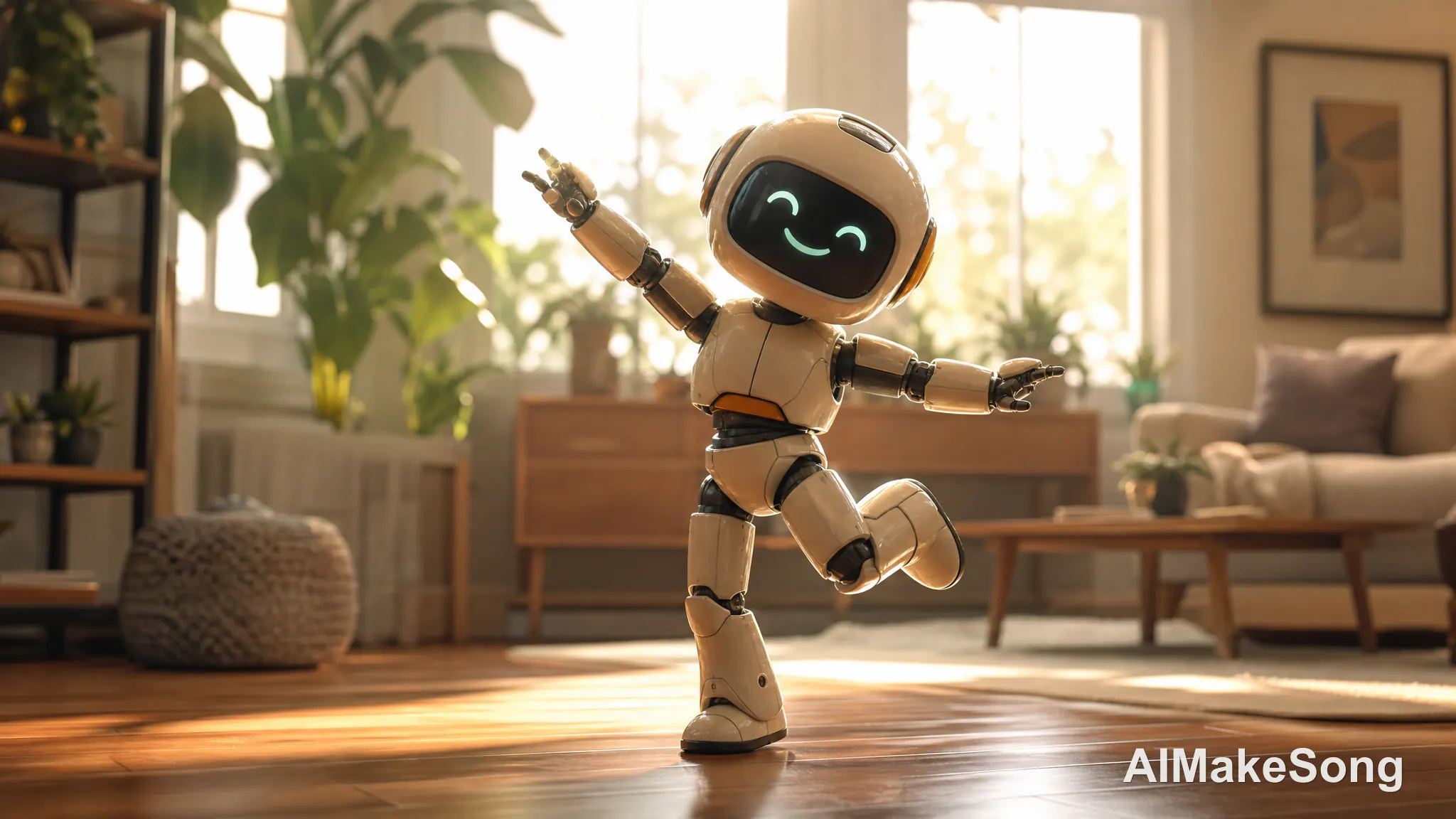 A cute animated robot dancing in a modern living room, Pixar style.