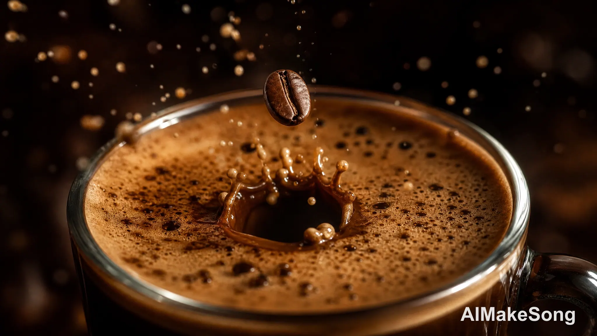 A macro shot of a coffee bean dropping into a cup of espresso, slow motion, 4k resolution.