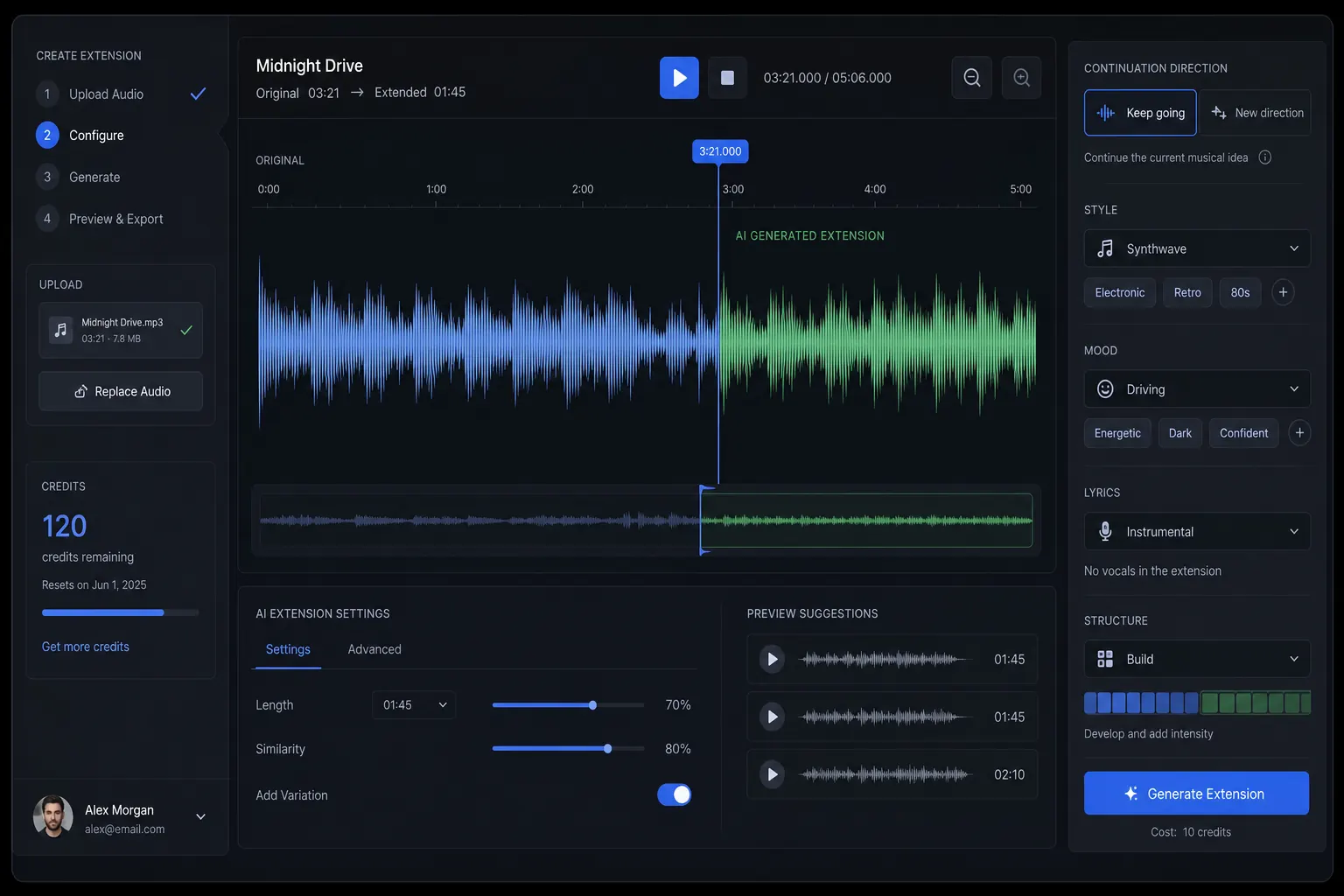 AI music extender with source audio, continuation controls, and new-user credits