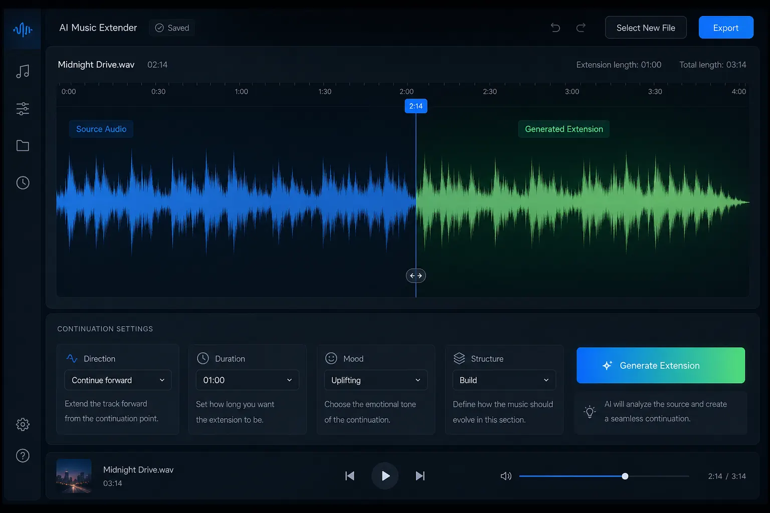 AI music extender interface extending an uploaded song