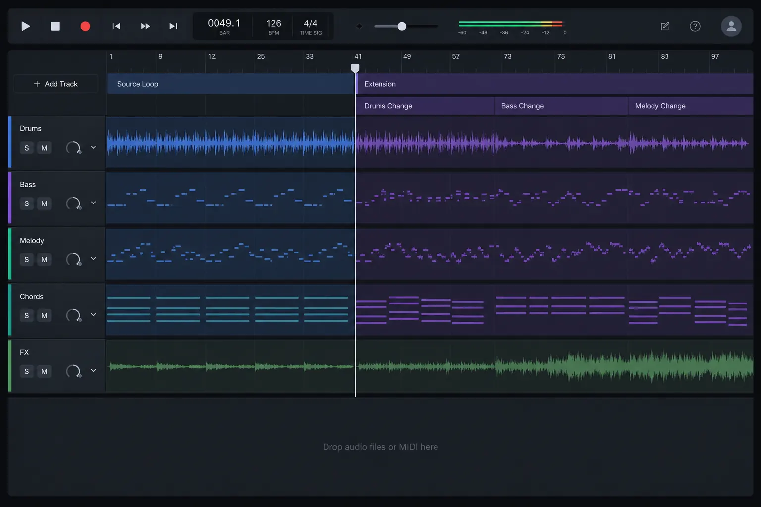 AI music extender turning an MP3 beat loop into a full song arrangement