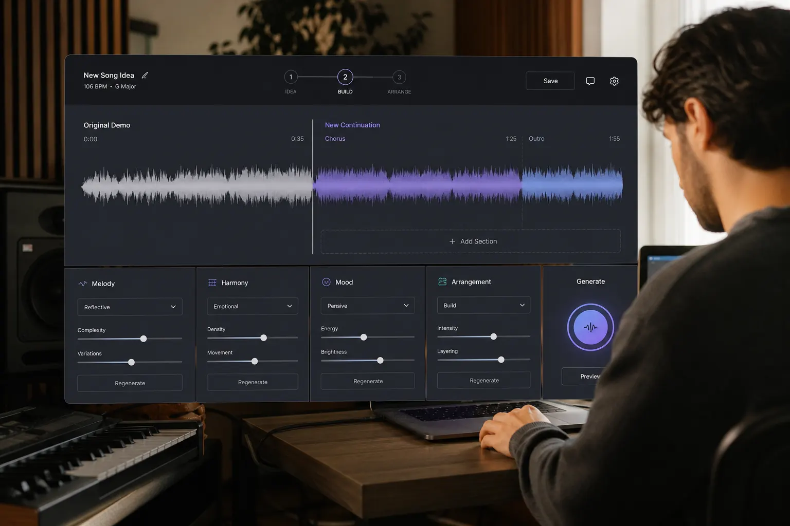 AI song extender workflow continuing an unfinished music demo