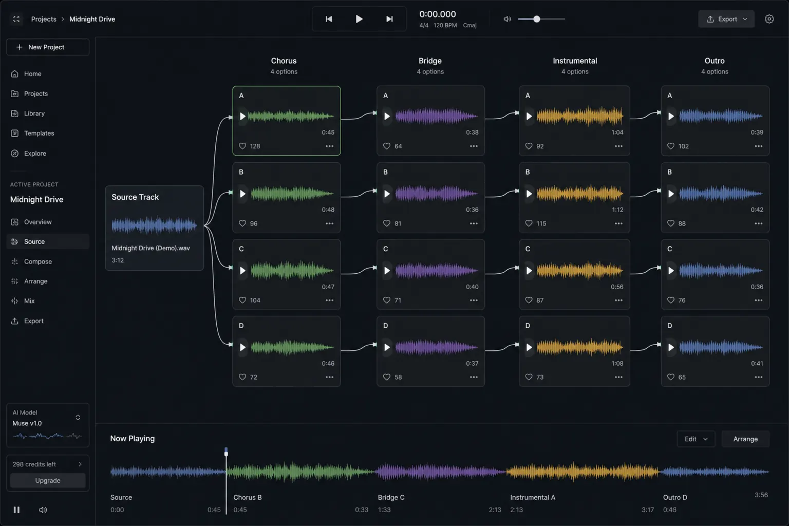 AI music extender generating new sections and transitions from an existing track