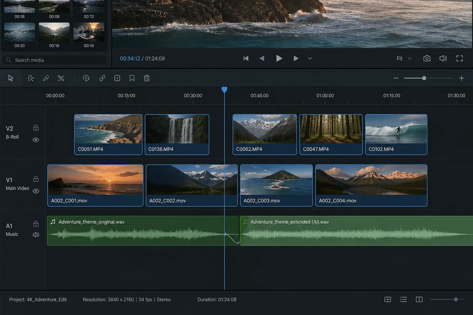 AI music extension matching background music to a longer video timeline