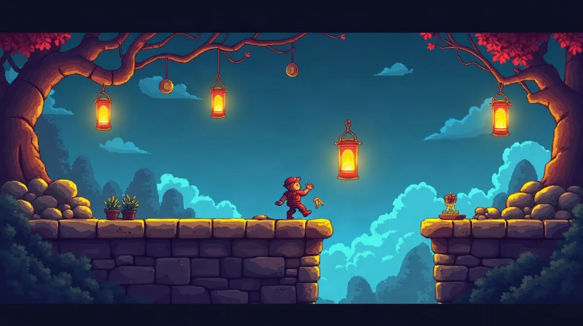 Game song maker creating 8-bit looping music for a pixel adventure level.