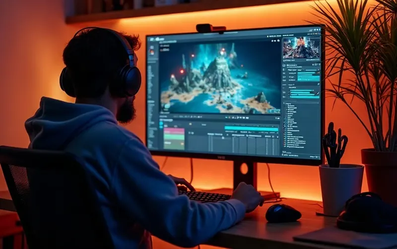 Indie game developer at a desk with a game engine and a music generation panel on screen.