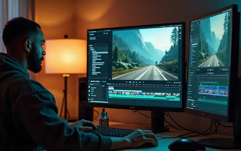 Video editor cutting a gameplay trailer on dual monitors with a matching music cue panel.