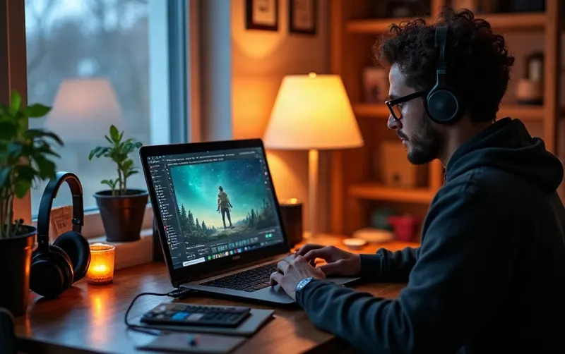 Hobbyist building a small game world on a laptop at a cozy home desk.