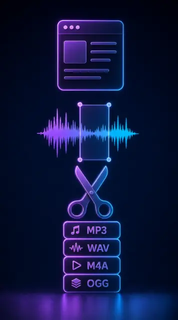 3D-style icons showing an online audio cutter workflow: browser upload, waveform selection, scissors cut, and MP3/WAV/M4A/OGG export.