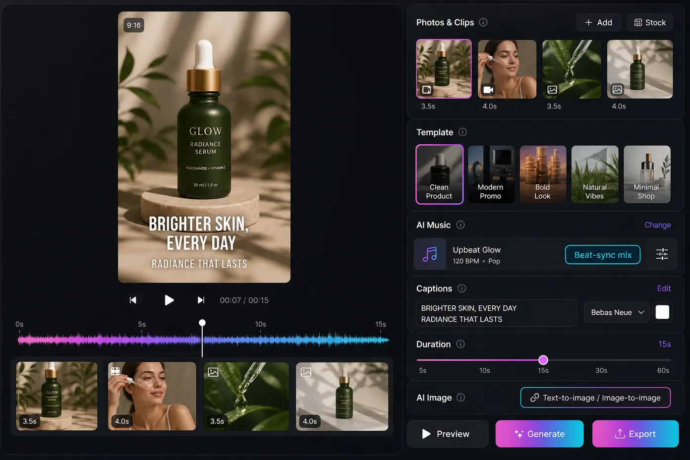 Free online short video maker preview with vertical captions, AI music, and AI-generated stills